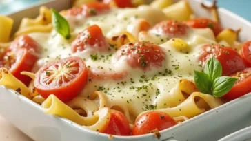 Cremiger Nudelauflauf mit Tomaten und Mozzarella