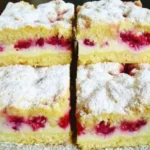 RASPELKUCHEN MIT HIMBEEREN UND PUDDING