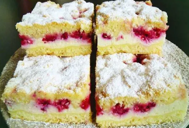 RASPELKUCHEN MIT HIMBEEREN UND PUDDING