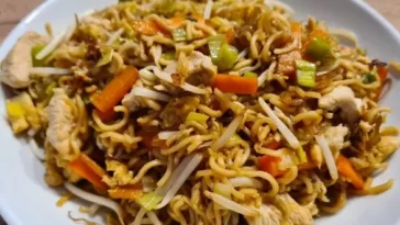 Chinesisch gebratene Nudeln mit Hühnchenfleisch