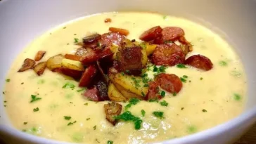 Kartoffelsuppe mit Erbsen und Mettwürstchen