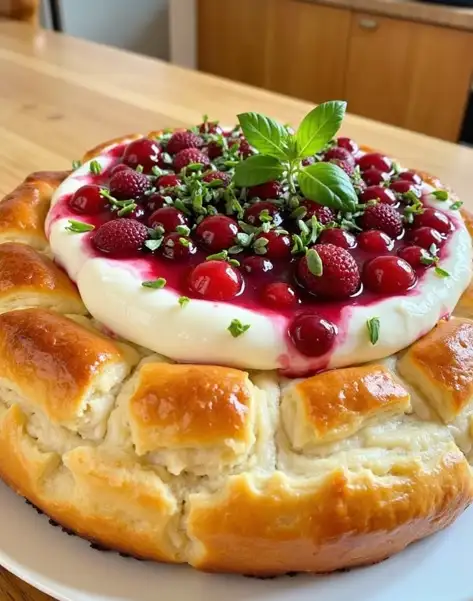 Rustikale Brie-Brotschale mit Preiselbeeren und frischem Thymian