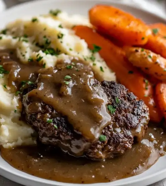 Salisbury Steak Dinner mit Kartoffelpüree, glasierten Karotten und Bratensoße