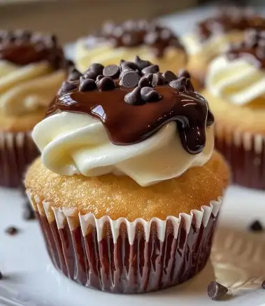 Cupcakes gefüllt mit cremiger Vanillecreme und garniert mit reichhaltiger Schokoladenglasur