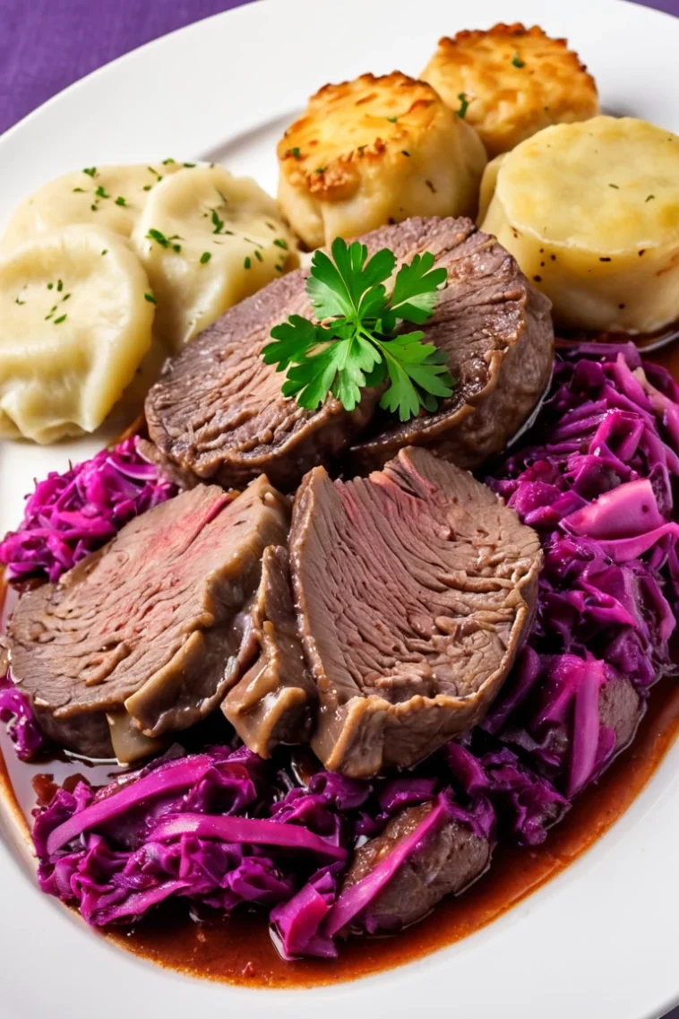 Sauerbraten mit Rotkohl und Knödeln