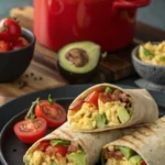 frühstücks-wrap mit rührei, bacon, käse, avocado & tomate