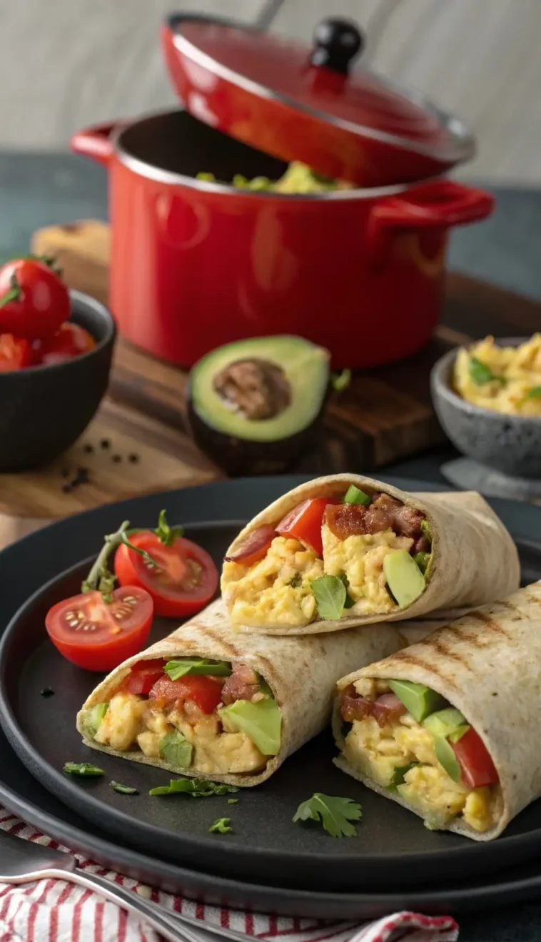 frühstücks-wrap mit rührei, bacon, käse, avocado & tomate