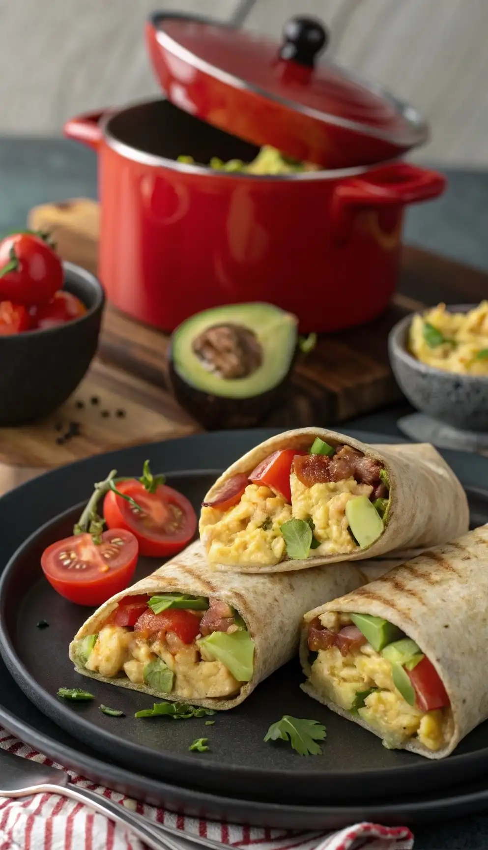 Frühstücks-Wrap mit Rührei, Bacon, Käse, Avocado &amp; Tomate - Best Rezepte