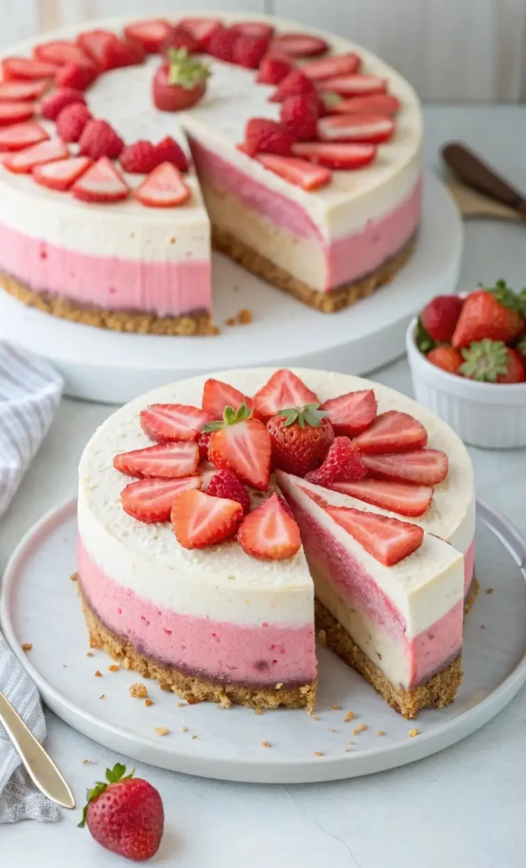 erdbeer ombre käsekuchen mit salzbrezelboden