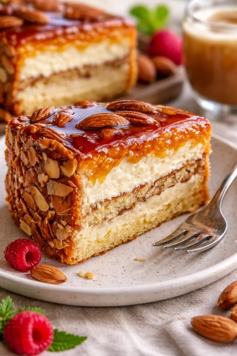 Bienenstich Kuchen mit Mandeln und Sahnefüllung auf einem Teller