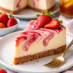 Erdbeer-Wirbel-Käsekuchen auf einem Teller, frisch zubereitet.