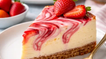 Erdbeer-Wirbel-Käsekuchen auf einem Teller, frisch zubereitet.