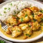 Hähnchen in Honig-Senf-Sauce serviert mit Reis auf einem Teller