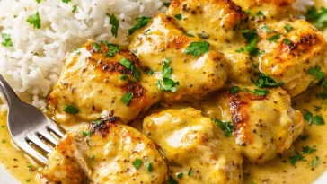 Hähnchen in Honig-Senf-Sauce serviert mit Reis auf einem Teller