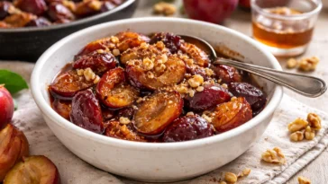 Hausgemachte Pflaumenmarmelade in einem Glas mit frischen Pflaumen und Brot.