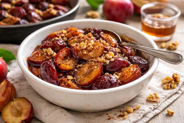 Hausgemachte Pflaumenmarmelade in einem Glas mit frischen Pflaumen und Brot.