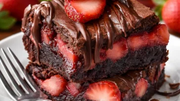 Schoko-Erdbeer-Brownies mit frischen Erdbeeren und Schokoladenglasur