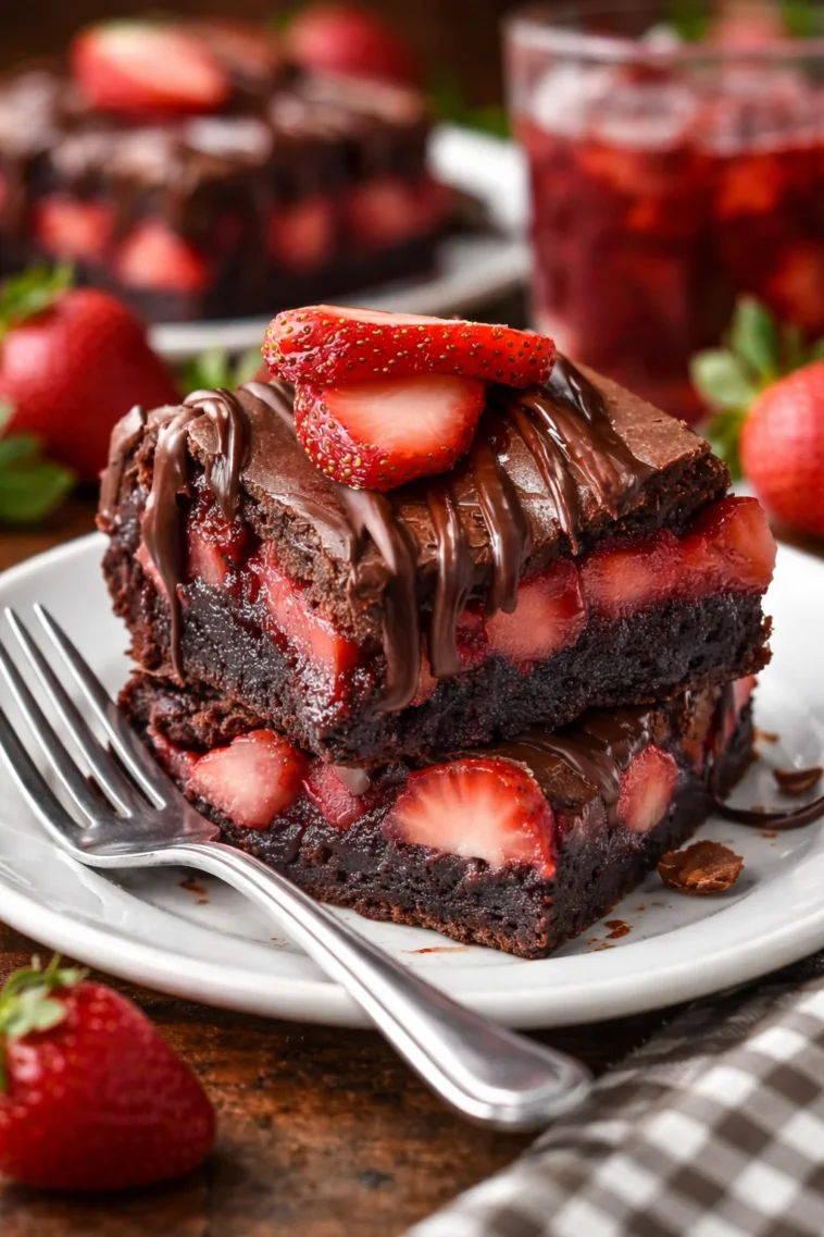 Schoko-Erdbeer-Brownies mit frischen Erdbeeren und Schokoladenglasur