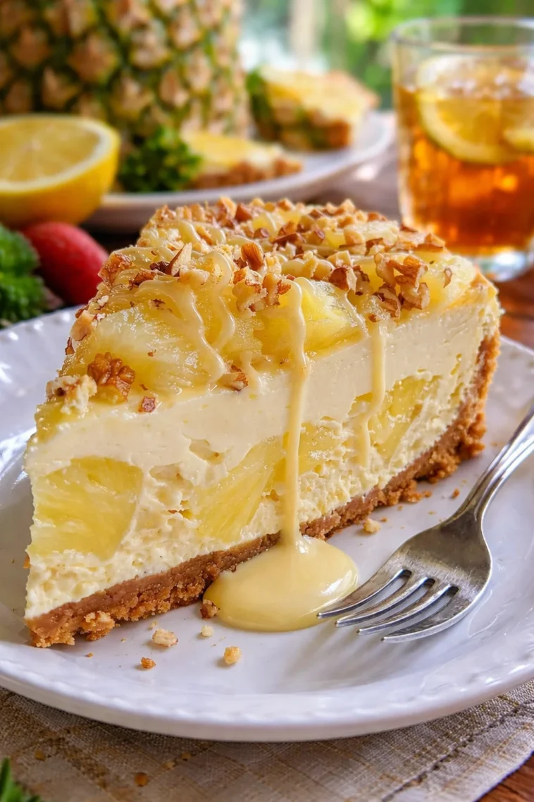 Ananas-Weiße-Schokolade-Cheesecake auf einem Teller serviert