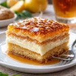 Authentischer deutscher Bienenstichkuchen mit Mandeln und Sahnefüllung