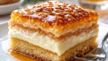 Authentischer deutscher Bienenstichkuchen mit Mandeln und Sahnefüllung