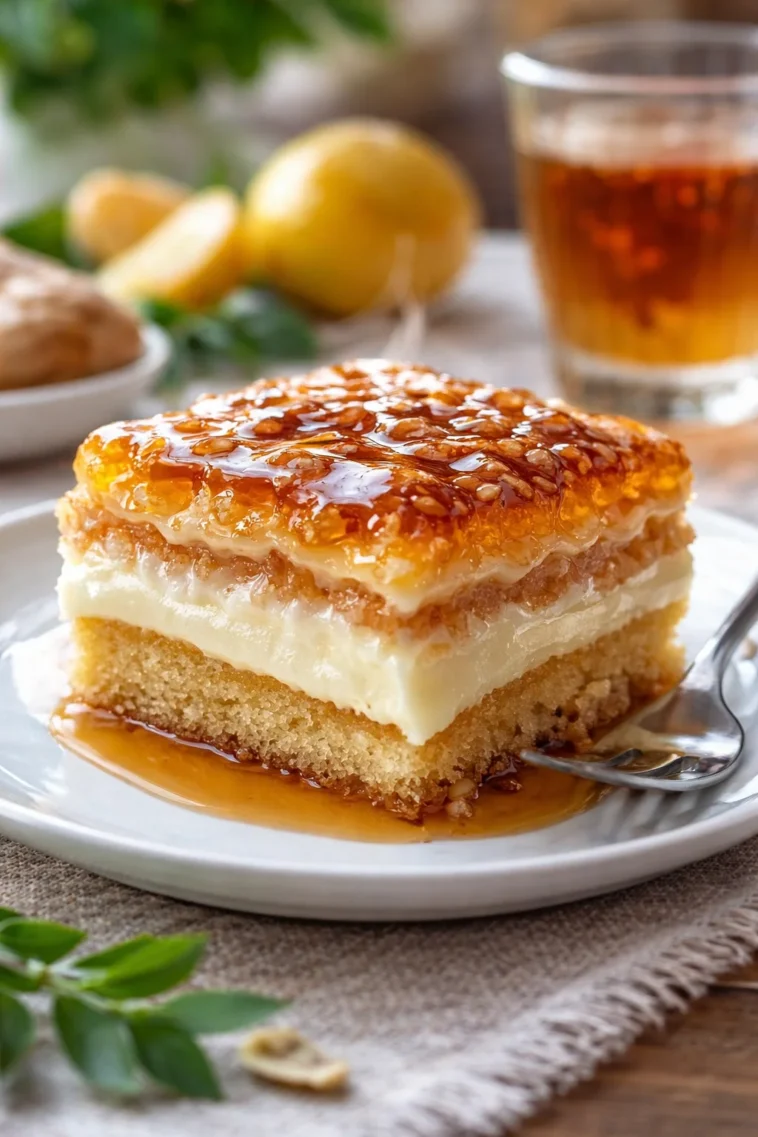 Authentischer deutscher Bienenstichkuchen mit Mandeln und Sahnefüllung