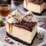 Baileys-Käsekuchen mit Sahne und Schokolade dekoriert