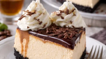 Baileys-Käsekuchen mit Sahne und Schokolade dekoriert