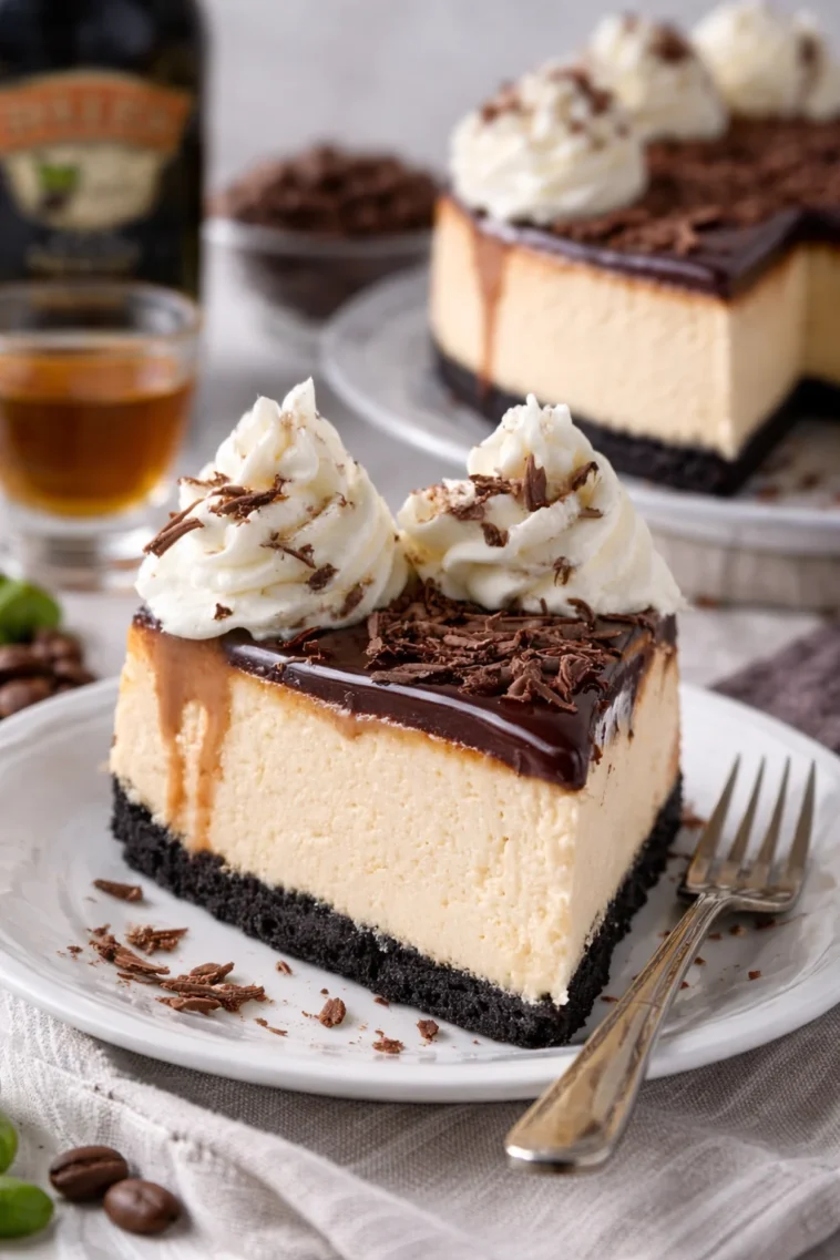 Baileys-Käsekuchen mit Sahne und Schokolade dekoriert