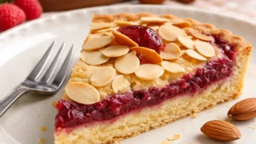 Bakewell-Torte mit Mandeln und Himbeermarmelade, frisch gebacken und dekoriert.