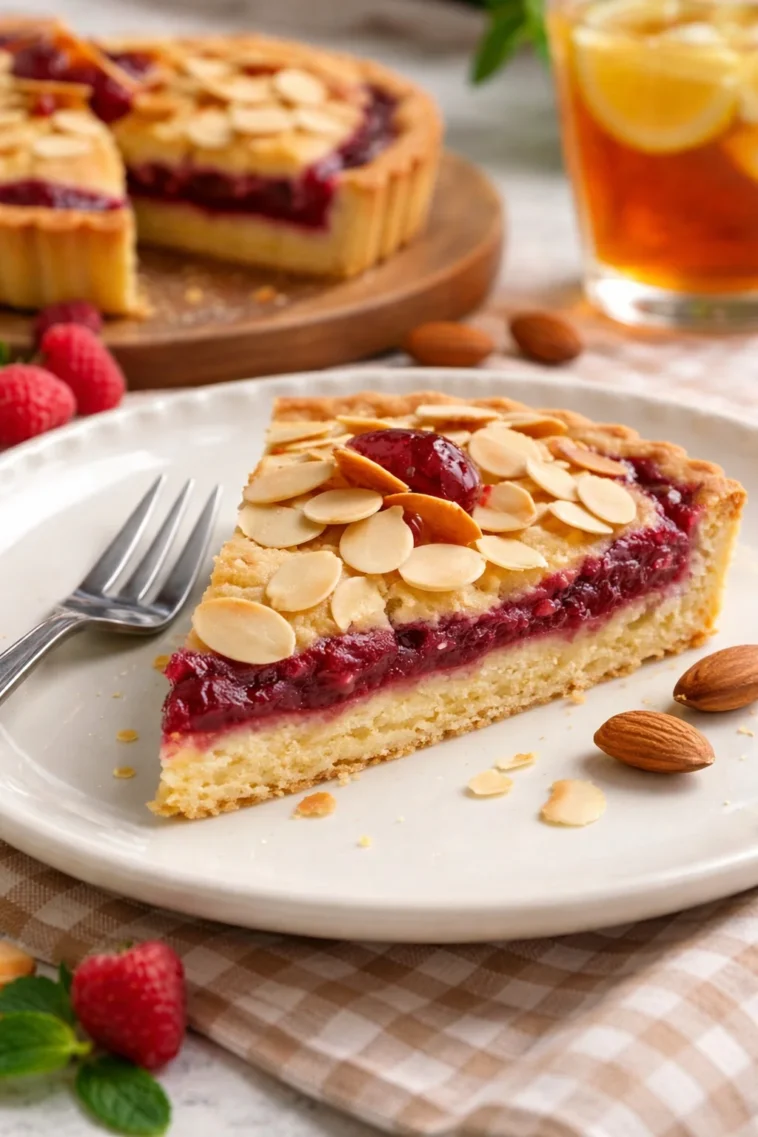 Bakewell-Torte mit Mandeln und Himbeermarmelade, frisch gebacken und dekoriert.