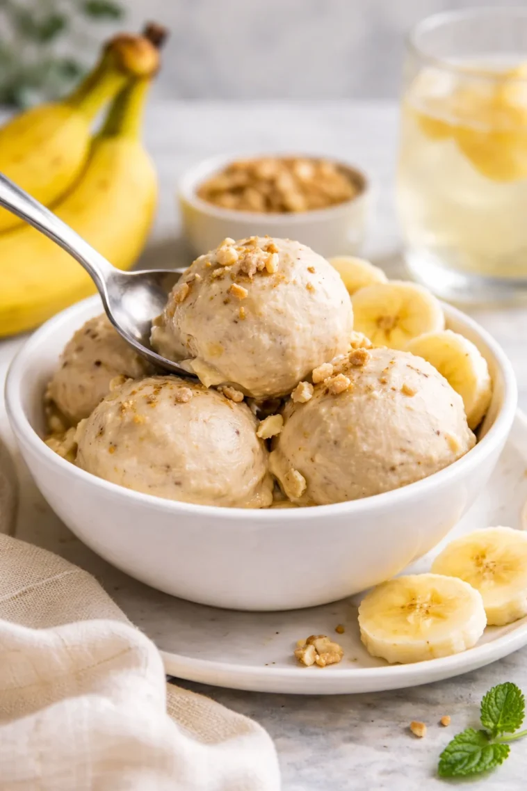 Hausgemachtes Bananeneis mit frischen Bananen und gesunden Zutaten.