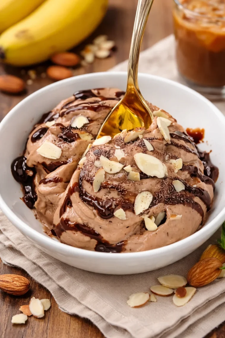 Schüssel mit cremigem Bananeneis, perfekt für heiße Sommertage.