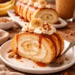 Saftiger Bananenkuchen mit köstlicher Karamellsoße auf dem Tisch.