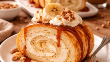 Saftiger Bananenkuchen mit köstlicher Karamellsoße auf dem Tisch.
