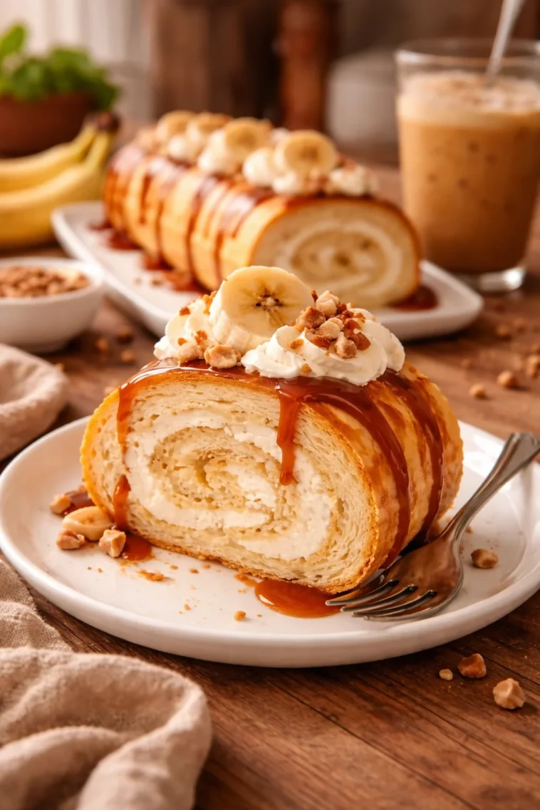 Saftiger Bananenkuchen mit köstlicher Karamellsoße auf dem Tisch.