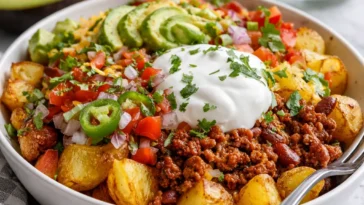 Beladenes Kartoffel-Taco mit frischen Zutaten in einer Schüssel