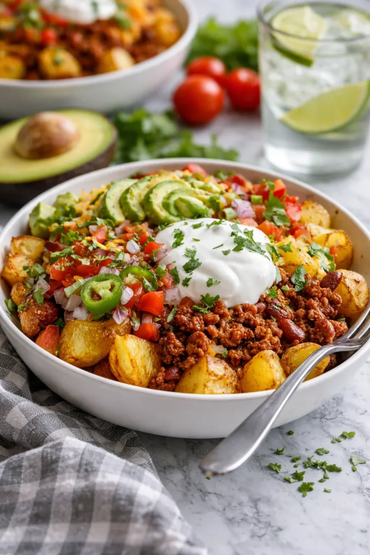 Beladenes Kartoffel-Taco mit frischen Zutaten in einer Schüssel