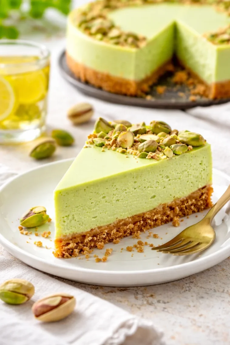 Leckerer Pistazien-Käsekuchen auf einem Teller, dekoriert mit Pistazien.