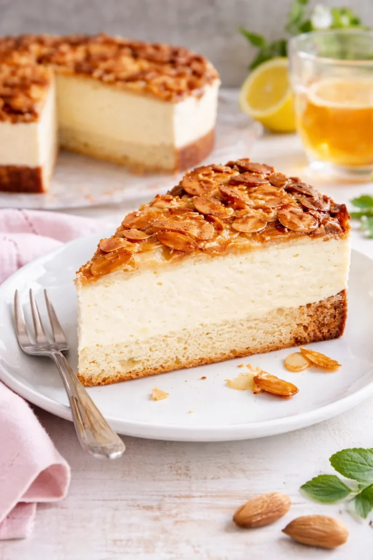 Bienenstich Kuchen mit Mandeln und cremiger Füllung auf einem weißen Teller