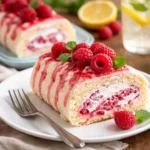 Biskuitrolle mit Schlagsahne und frischen Himbeeren auf einem Teller