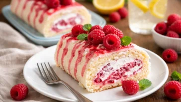 Biskuitrolle mit Schlagsahne und frischen Himbeeren auf einem Teller