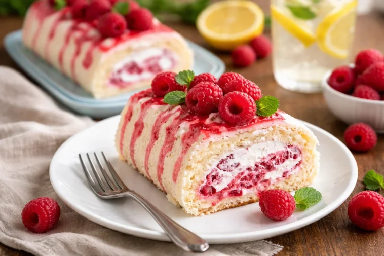 Biskuitrolle mit Schlagsahne und frischen Himbeeren auf einem Teller