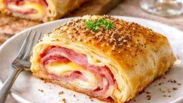 Blätterteig gefüllt mit Schinken und Käse, frisch aus dem Ofen