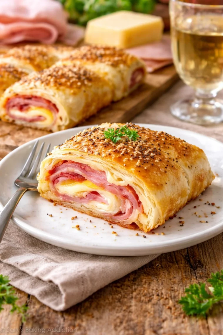 Blätterteig gefüllt mit Schinken und Käse, frisch aus dem Ofen