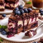 Leckere Blaubeer-Braunietorte mit frischen Blaubeeren und schokoladigem Brownieteig.