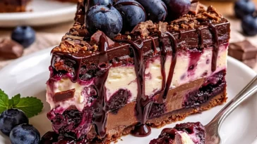 Leckere Blaubeer-Braunietorte mit frischen Blaubeeren und schokoladigem Brownieteig.