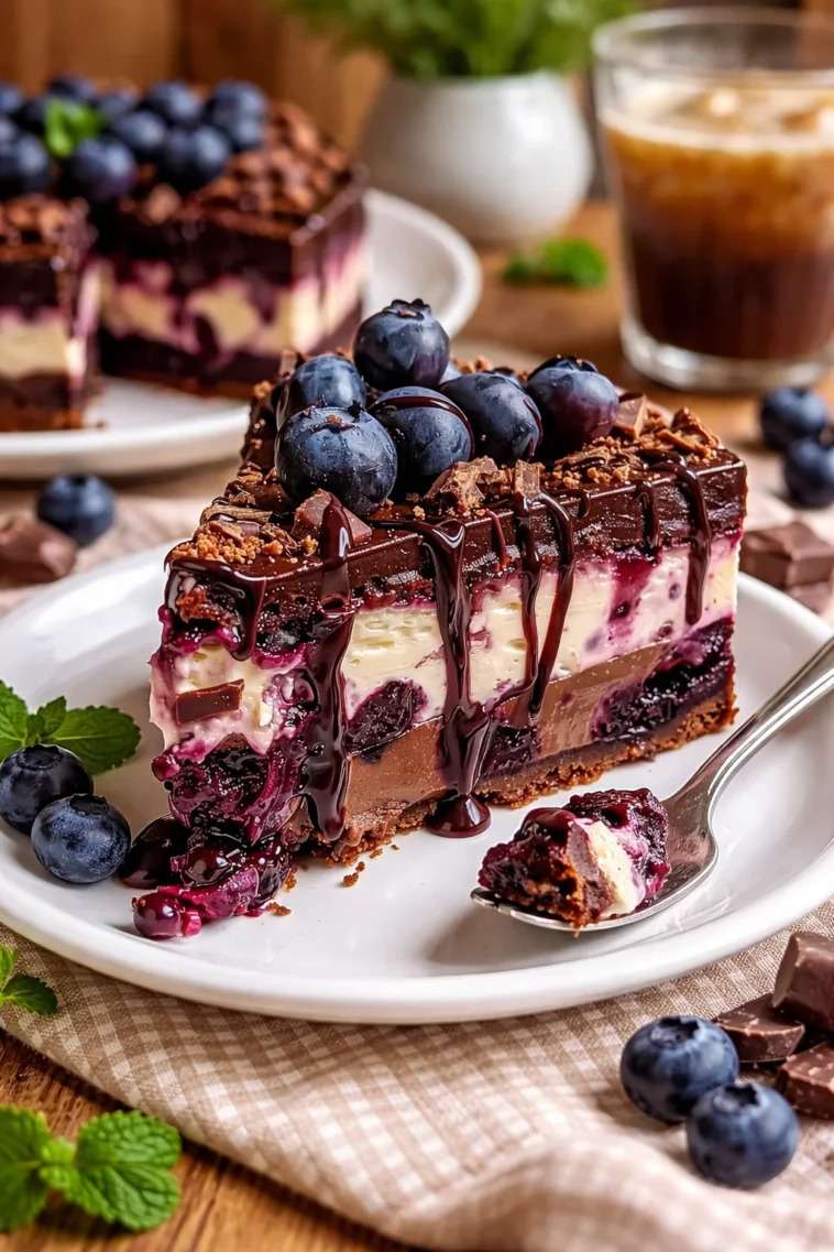 Leckere Blaubeer-Braunietorte mit frischen Blaubeeren und schokoladigem Brownieteig.