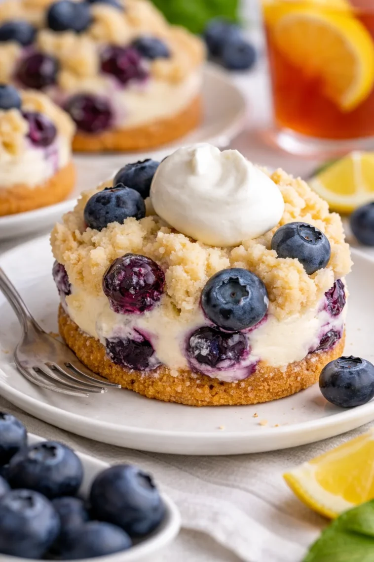Blaubeer-Käsekuchen-Kekse auf einem Teller, verziert mit frischen Blaubeeren