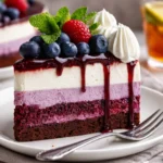 Blaubeer-Velvet-Käsekuchen auf einem Teller mit frischen Blaubeeren